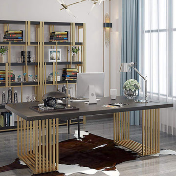 47" Rectangular Modern Home Office Desk with Solid Wood Table Top & Gold Frame-Desks,Furniture,Office Furniture